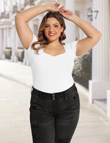 FOREYOND Plus Size Bodysuit for Women Short Sleeves Square Neck Body Suit Tops Casual Basic Slim Fit Shirts Leotards4