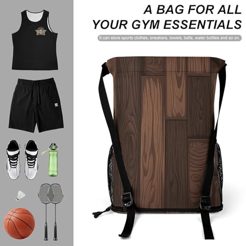 Drawstring Gym Backpack with Shoe Compartment And Wet Pocket, 28L Lightweight Waterproof Dark Brown Style Sports Backpack for Workout Swim Beach Travel String Bag for Men Women3
