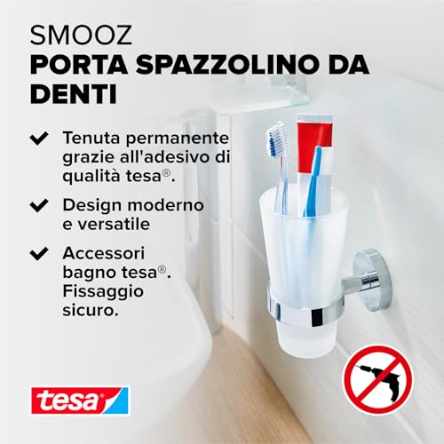 Tesa Smooz Portabicchiere - Porta Spazzolino E Dentifricio A Parete Senza Perforazione, In Metallo Cromato, Inossidabile E Vetro Satinato - Impermeabile - Colla Rimovibile Inclusa - 2