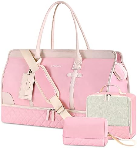 ETRONIK Weekender Overnight Bag for Women, Large Travel Duffle Bag with Shoe Compartment & Wet Pocket, Carry On Tote Bag Gym Duffel Bag with Toiletry Bag, Bag for Hospital 4 Pcs Set, Pink