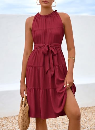Okiwam Womens Summer Halter Dresses Sleeveless A Line Tiered Swing Mini 2025 Fall Casual Boho Beach Vacation Sundress
