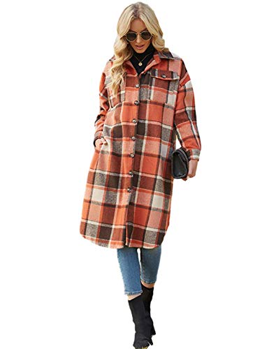 Puwei Women's Casual Lapel Button Down Long Plaid Shirt Coat Tartan Shacket Jacket(1370-Orangered-L) #TOP1