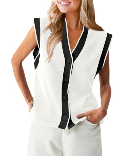 Saodimallsu Chaleco de mujer sin mangas de punto con cuello en V y botón, suéter de moda, casual, suelto, para mujer, suéter de verano, Blanco, XL