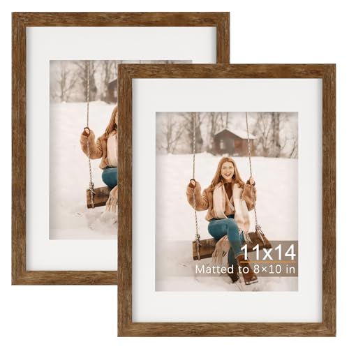 TOFOREVO 11x14 Picture Frames with 8x10 Mat Set of 2, Rustic Brown