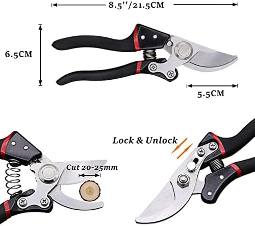 JINJIAN Secateurs - 8.5'' Garden Pruning Scissors, Bypass Tree Trimmers Garden Shears with Japan SK5 Steel Blade & Ergonomic Soft-Grip Handle for Gardening Branches, Flowers(Black)