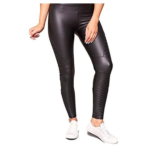 Divadames®Women's Faux Leather Look Leggings Black Shiny High Waist Leather Leggings with Details Sizes UK 8/10-24/26 (Black, 14/16) Cover