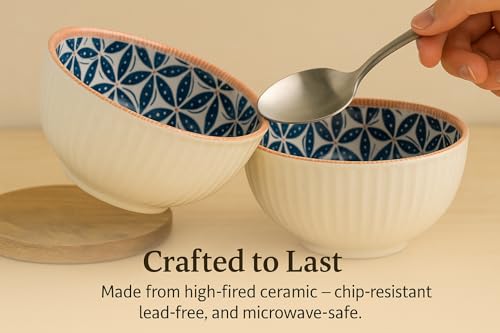 Image of YELONA Japanese Ceramic Dinnerware Set of 6 (4 Bowls + 2 Plates) | 11.5cm Bowls (300ml) & 8-Inch Plates (20.5cm) | Honeycomb Pattern | Microwave & Dishwasher Safe | Rustic Modern Kitchen Crockery