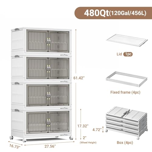 480Qt Stackable Storage Bins with Lid, Extra Large Closet Organizer Collapsible Drawer Boxes with Wheels, Folding Plastic Cabinet Containers for Home Kitchen Room Organization, 4Pack White