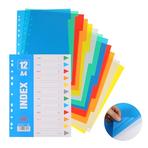 FRIUSATE A4 Filer dividers, 3 Pack Folder Dividers, 12 Part Plastic Binder Dividers with Pre-Punched Hole and Assorted Colours, A4 Subject Dividers for Leverl Arch Files