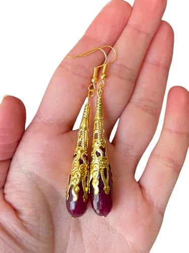 Garnet Earrings - Golden Garnet Earrings - Dangling Crystal Earrings - Drop Crystal Earrings - Birthstone January Earrings - Red Stone (Golden Color) #TOP29