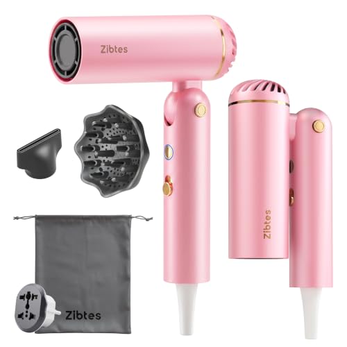 Zibtes Dual Voltage Travel Hair Dryer with Diffuser, Ionic High-Speed BlowDryer.
