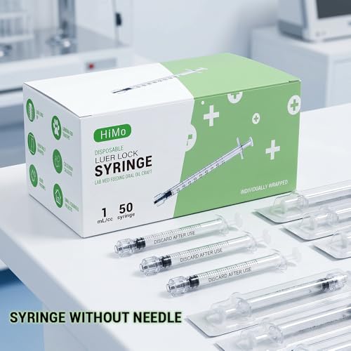 Image of 50 Pack 1mL Luer Lock Syringe No Needle, Sterile Individually Wrapped | Clear Plastic, Twist-On Luer Lock, for Pet Feeding, Lab Use, Liquid Transfer, Easy Dosing