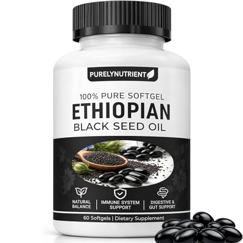 TUVAAZ PURELYNUTRIENT Ethiopian Black Seed Oil Capsules with 4.64% Thymoquinone, Immune Support & Digestion & Energy Booster, Non-GMO, Gluten-Free, 60 Count Softgels