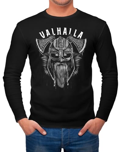 Neverless® Herren Long-Sleeve Valhalla Wikinger Helm Viking Odin Krieger Printshirt Langarm-Shirt Schwarz 3XL