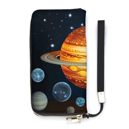 Glow in The Dark Solar System Planet Ladies' Leather Wallet With Hand Strap Slim Vertical Purse Wallets Card Case Long Zip Around Long Wallet Credit Cards Holder Phone Clutch