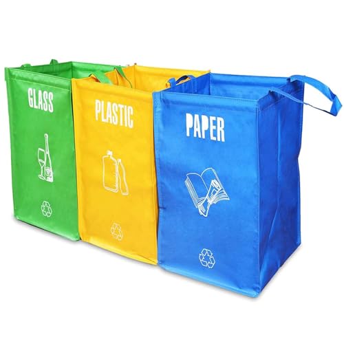 Atoke Set de 3 bolsas Basura Reciclaje, Cubo de Basura de Reciclaje Selectivo para Papel, Vidrio y Plástico, Ideal para Hogar, Jardín, Interior, Exterior