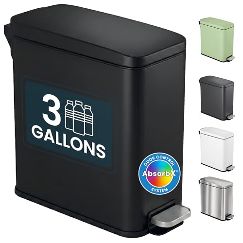 iTouchless 3 Gallon Small Wastebasket for Bathroom with Lid, Odor Filter, Soft-Step Stainless Steel Slim Garbage Bin, 11.5L Black Small Trash Can, Step Pedal, Modern Farmhouse Decor for Powder Room