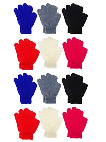 Sumind 12 Pairs Winter Knitted Magic Stretch Gloves Anti-slip Knit Cotton Warm Gloves for Children (6 Colors, Kids Size 5 to 12 Years)