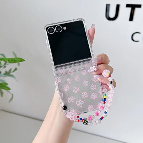 Coque Galaxy Z Flip6 transparente à motif floral avec chaîne chic et charnière intégrée