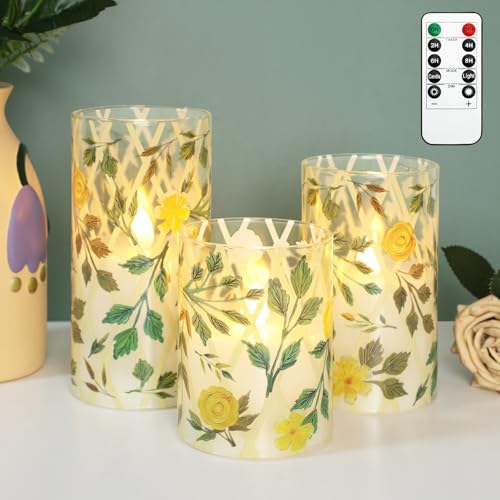 Image of Crystal Club Yellow Floral Flameless Candles with Remote & Timer, 3D Wick Flickering Pillar LED Flameless Candles, Battery Operated for Home Wedding Party Festival Decor, Set of 3