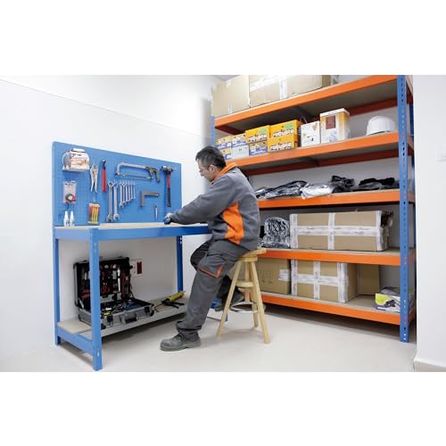SimonRack Estantería Metálica Almacenaje, Sin Tornillos, 5 Baldas Madera, Alta Capacidad Carga 400 kg, 3000x1500x450 mm, Estantería Taller Garaje Trastero, Azul/Naranja/Madera - imagen 2