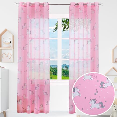 BOD HOME 2 Piezas Cortina Infantil Translúcida para Habitación de Niñas, 140 x 260cm Ancho x Alto, Cortina Dormitorio Infantil con Diseño Unicornio Rosa, Material 100% Poliéster
