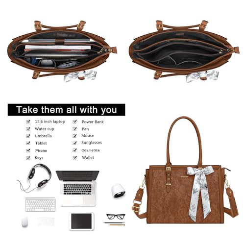 Image of MOSISO Laptop Bag for Women, PU Leather Tote Bag, Front Embossed Retro Hibiscus Computer Bags with Silk Scarf&Clutch Purse