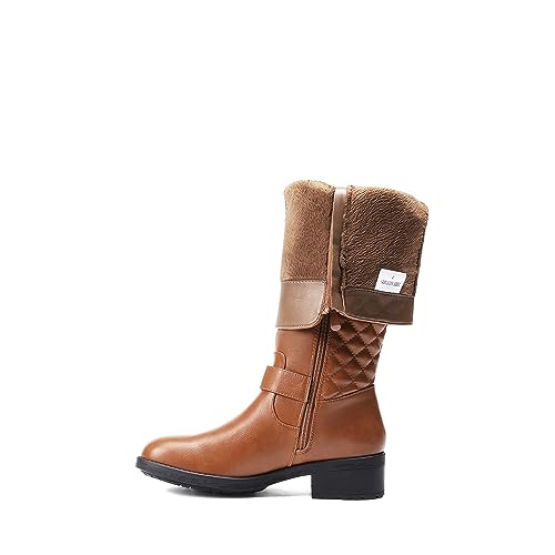 DREAM PAIRS Women's Knee-High Boots Comfortable Chunky Block Heel Round Toe Side Zipper Riding Fashion Buckles Biker Motorcycle Boots,Size 7.5,Light Brown,UTAH