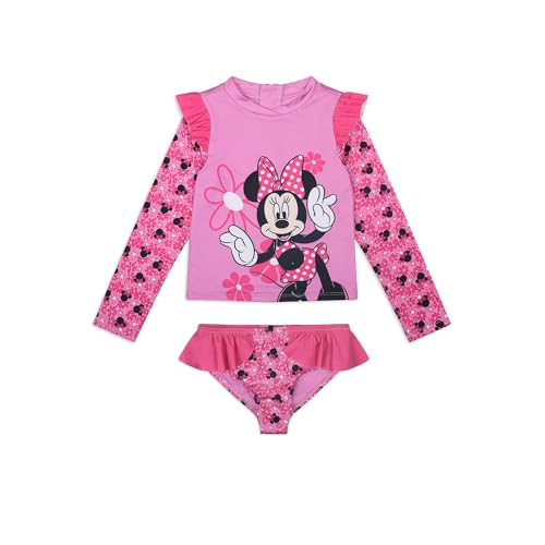 Image of Disney Minnie Mouse Stitch Girls UPF 50+ Long Sleeve Rash Guard and Bikini 2-Piece Swimsuit Set for Toddler to Big Kids