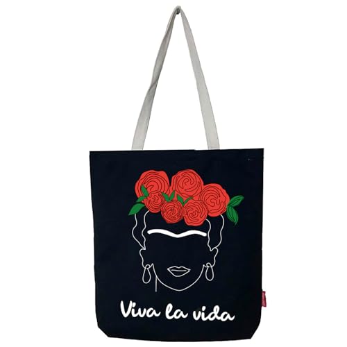 hello-bags. Bolso Tote bag con cremallera, forro y bolsillo interior. Exterior: Algodón 100%. Incluye bonito sobre kraft de regalo. Modelo: VIVALAVIDA. Color: Crudo/Negro. Medidas:37x38 cm.