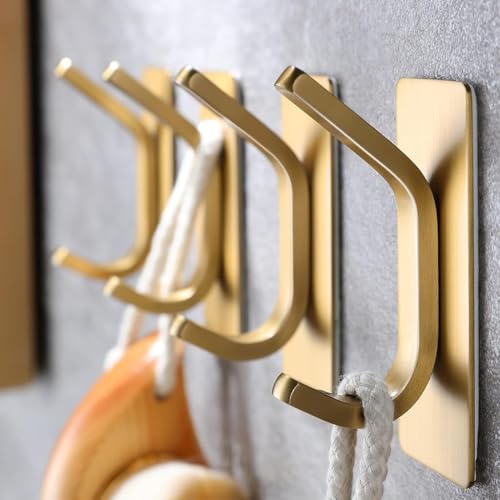 Image of HASTHIP 4 Pcs Stainless Steel Wall Hooks, Golden Twin-Prong Adhesive Mount