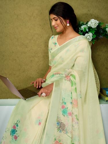 Image of SIRIL Women's Linen Digital Printed Saree With Unstitched Blouse Piece