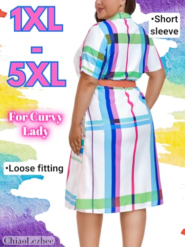 Image of ChiaoLezhee Plus Size Shirt Dress, Colorful Plaid Match Waistband, Fits 1XL-5XL