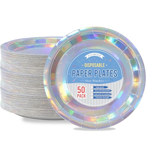 Tyzarglef Iridescent Disposable Paper Plates 50 Count 9 Dinner Plates Bulk for Party Supplies Colored and Sturdy for Birthday Halloween Baby Shower Bridal Party Supplies