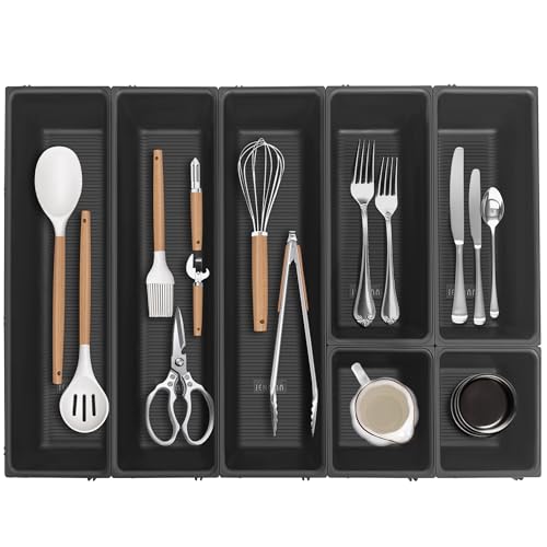 JEHONN Cutlery Drawer Organiser, Utensil Tray for Kitchen Flatware, Adjustable Large Silverware Holder, Compact Plastic Storage Divider with 7 Compartment for Spoons Forks Knives (Black)