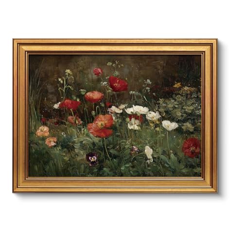 Image of VIYYIEA Vintage Gold Framed Wall Art for Living Room, Flowers Canvas Prints Home Decor, Oil Painting Picture, Bedroom Wall Decor Gifts for Friends or Family -【Poppies】-(16L x 12W)