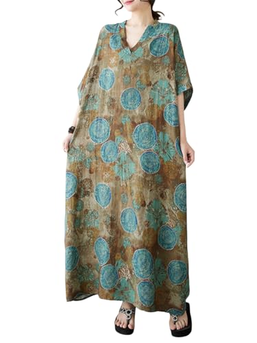 Image of Plus Size Summer Dress Printed V Neck Casual Loose Long Dresses with Pockets