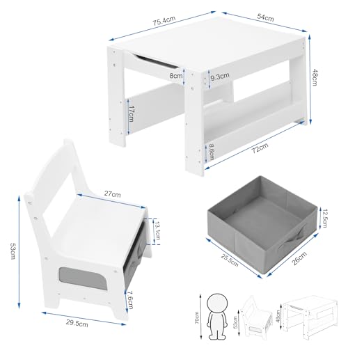 Miniatura 9 de Lestarain Juego De Mesa Y Sillas Infantiles, Mesa Con Pizarra Y 2 Sillas Para Niños De Caja Almacenaje, Encimera Reversible, Mueble Infantil Para Guardería Y Habitación Infantil, Blanco