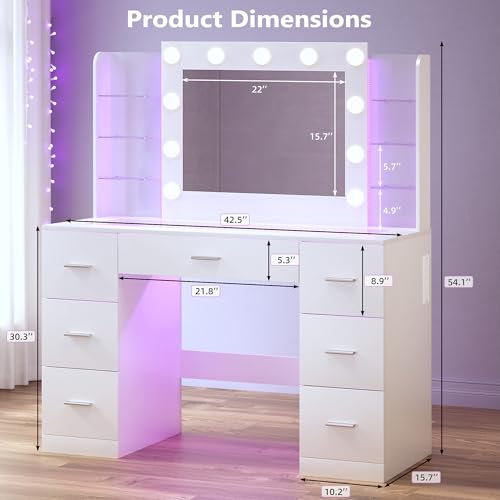 Image of HUAHUU Vanity Desk with Mirror and Hollywood Lights, Makeup Vanity 6 Backlit Open Shelves with Frosted Panel & RGB Light, Transparent Top, Power Outlet, 7 Drawers & Storage Organizer for Bedroom