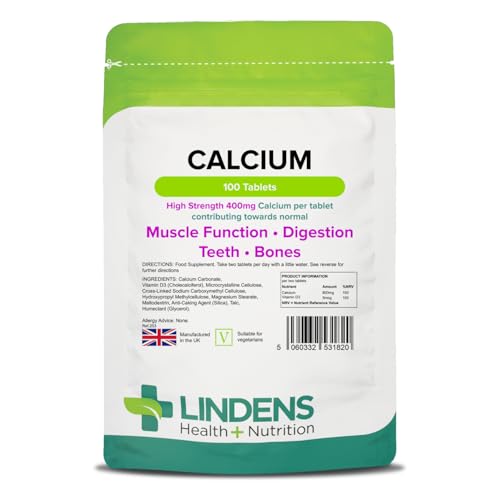 Lindens - Calcium 400mg with Vitamin D3-100 Tablets - UK Made - Contributes to Normal Muscle Function, Bones, Teeth and Digestion - Letterbox Friendly