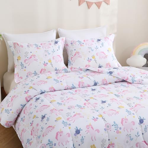 Image of Yibeizi Unicorn Bed Comforter Set Full Pink Girls Floral Bedding