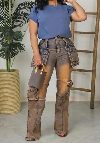 Women Stretch Cargo Jeans Y2k Boyfriend High Waisted Straight Leg Pockets Street Denim Pants2