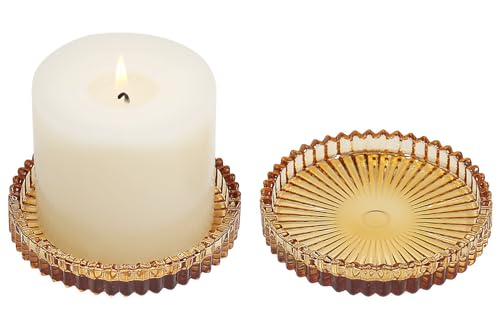 Vixdonos 3.8 Inch Glass Pillar Candle Holder Set Pack 2 Gear Round Plate Serrated Candle Stand for Table Centerpieces,Party, Wedding and Home Decor