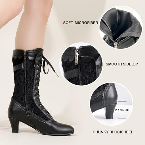 Voviggiw Women Vintage Victorian Boots Lace Mid Calf Granny Boots Zipper Costume Renaissance Shoes Mid Heel Wedding Dress Boots With Bows Black Us 8 thumb #4