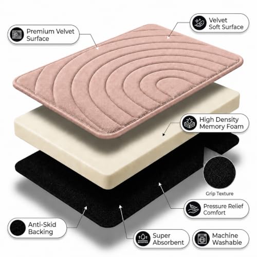 Image of Premium Memory Foam Bath Mat | 40x60cm Super Absorbent Velvet Bathroom Rug | Non-Slip Machine Washable Floor Mat (Blush Rose)