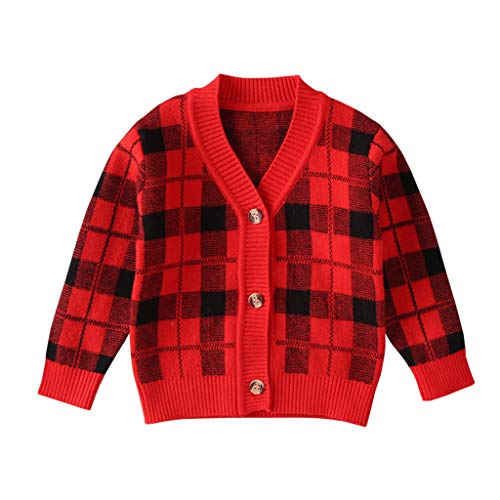 Baby Boys Girls Fall Winter Plaid Knitted Sweater Clothes Set for 0-4T Toddler Kids Newborn Long Sleeve Crochet Pullover Tops (Red, 3-4 Years Old)