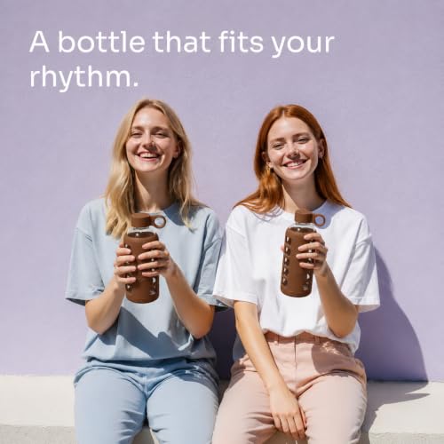 Image of purifyou 40oz / 32oz / 22oz / 12oz Borosilicate Glass Water Bottle with Time & Volume Markers, Silicone Sleeve, Stainless Steel Lid | Reusable Glass Bottle for Water & Juice (22oz Earth Brown)