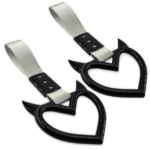 Image of 2PCS Heart shaped Car Handle Straps, Heart Car Accessories, Ring Hearts Shaped Cars Hand Strap Drift Charm, Universal Handle Keychains Accessory Suitable for Cars Bus (Black+silver)