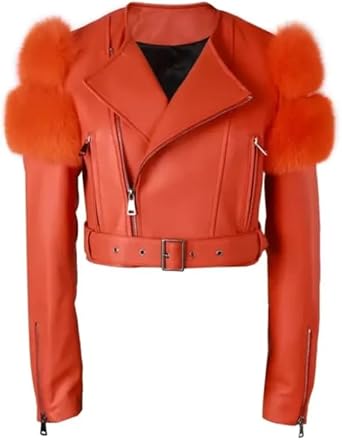 Womens Cropped Red Faux Leather Jacket with Fur Trim Belted Lapel Style Collar Fashion Jacket