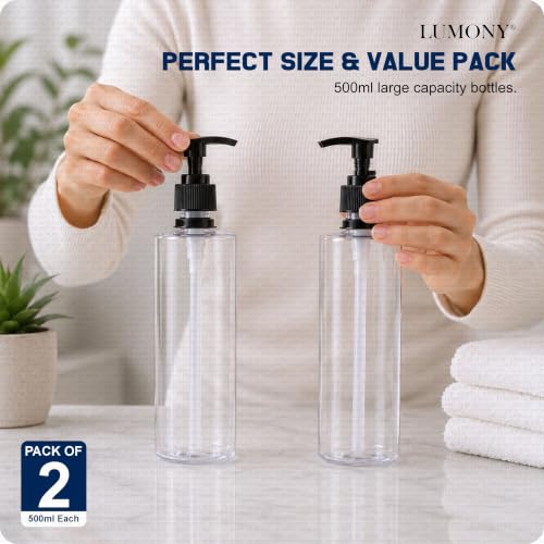 Image of LUMONY Pack of 2 - Dispenser Bottle 500 ML Transparent Clear Empty Dispenser Bottles Liquid Dispenser Set for Face, Hair, Garden, Sanitizer and More (Pack of 2)